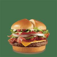 1/4 lb. Bacon Cheese GrillBurger™ · One 1/4 lb.* 100% beef burger topped with melted cheese, thick-cut Applewood smoked bacon, t...