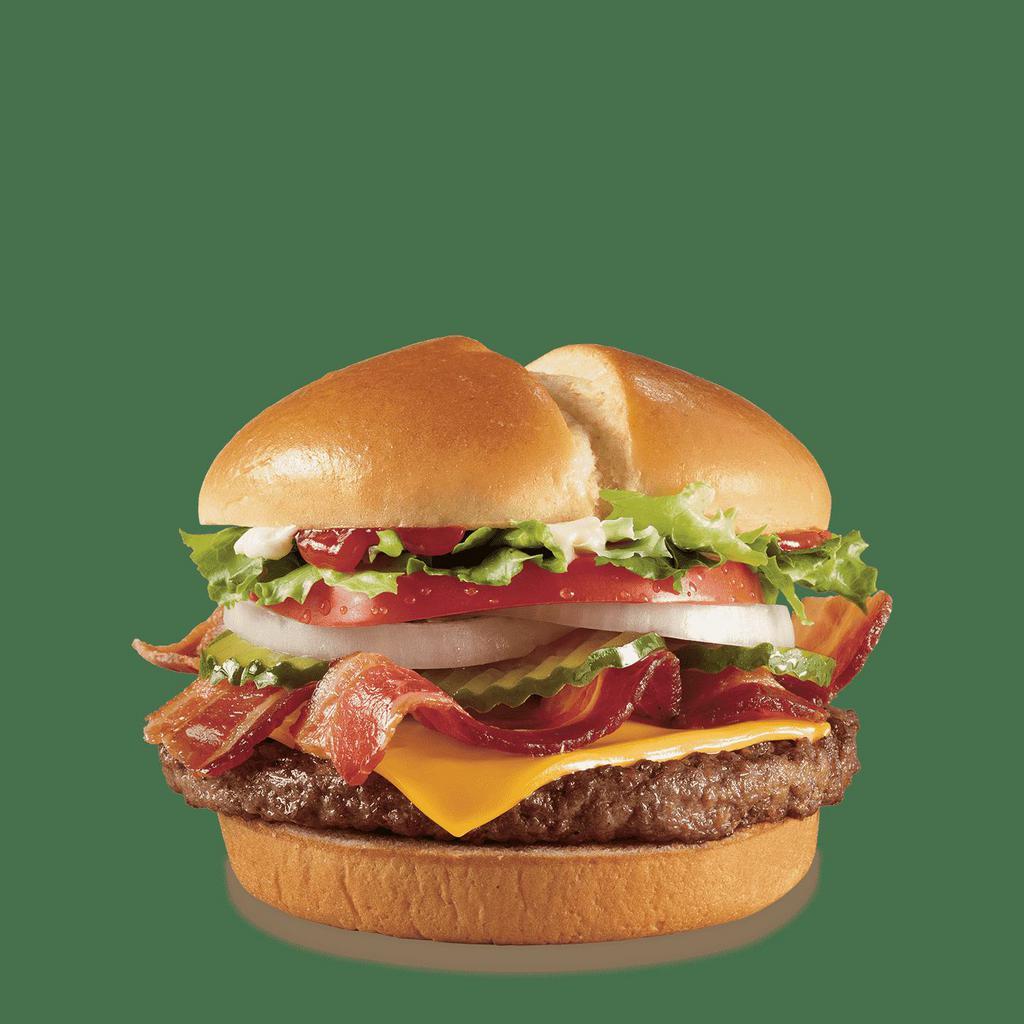 1/4 lb. Bacon Cheese GrillBurger™ · One 1/4 lb. 100% beef burger topped with melted cheese, thick-cut applewood smoked bacon, thick-cut tomato, crisp chopped lettuce, pickles, onions, ketchup, and mayo served on a warm toasted bun.