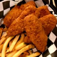 Chicken Strips · Served with side of french fries.