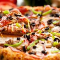 The Hippie Pizza · Green peppers, red onions, black olives, artichoke hearts, mushrooms and tomatoes.