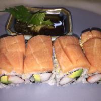 S7. Super Toro Roll · Snowcrab, avocado, bluefin toro, sashimi on top and sweet balsamic.