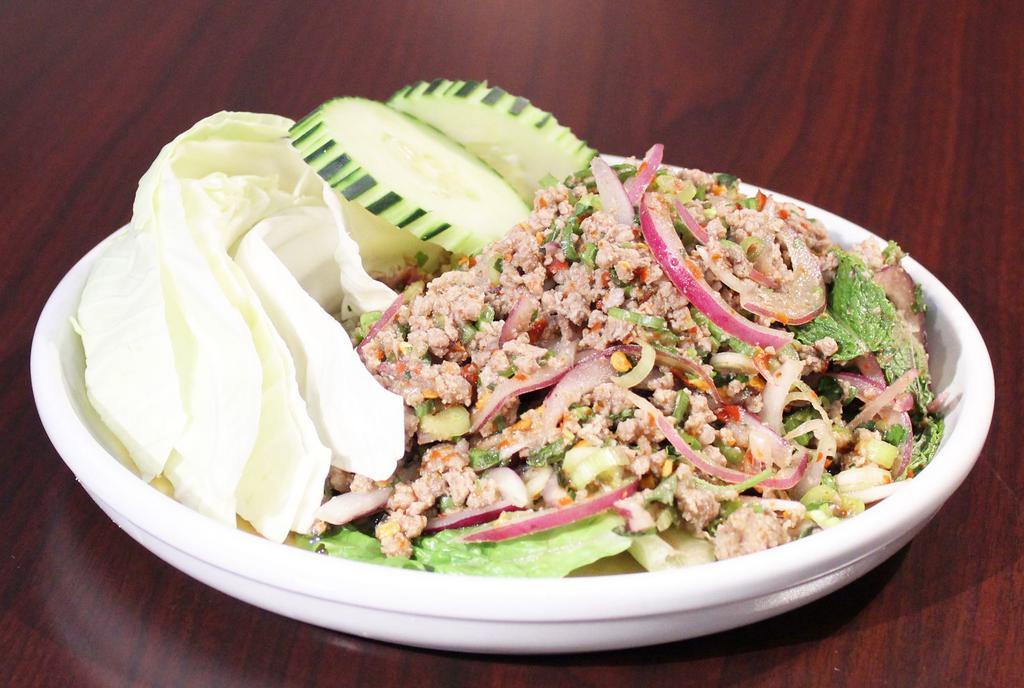 Larb (Ground Meat Salad) · Ground meat, red onion, mint, scallion, cilantro, chili powder with lime dressing.