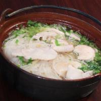 Chicken Noodle Soup · Vermicelli noodle, chicken, Chinese broccoli, bean sprout, celery, garlic in clear soup.