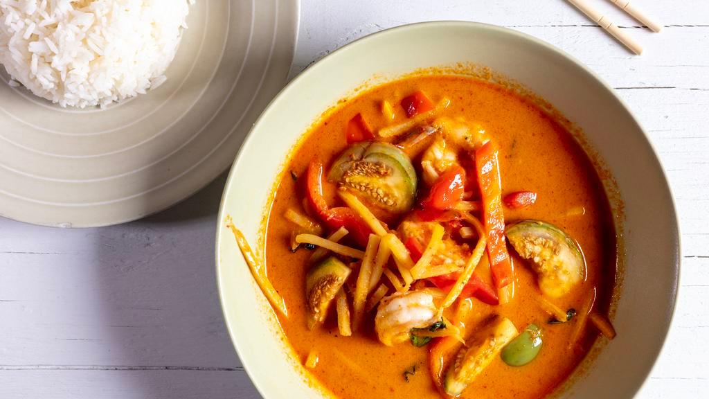 Red Curry · Bamboo shoot, bell pepper, basil leaves, Thai eggplant in coconut milk.