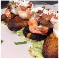 Cantina Camarones · Grilled shrimp, sweet plantain and guacamole, served with pico de gallo and fresh cheese.