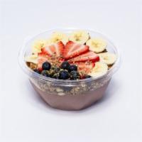 Dominator Bowl · Organic acai, almond milk, peanut butter and bananas. Topped with granola, strawberries, blu...