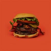 Double Hamburger · Two Upstate Brisket Blend smashed burger patties served with green-leaf lettuce, tomato, pic...