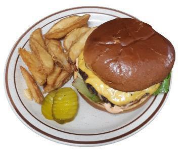 The Ultimate Super George Burger · 1/3 pound. Melted American cheese, fresh lettuce, and thousand Island dressing. Served on a butter bun and includes a stack of skin-on potato wedges.
