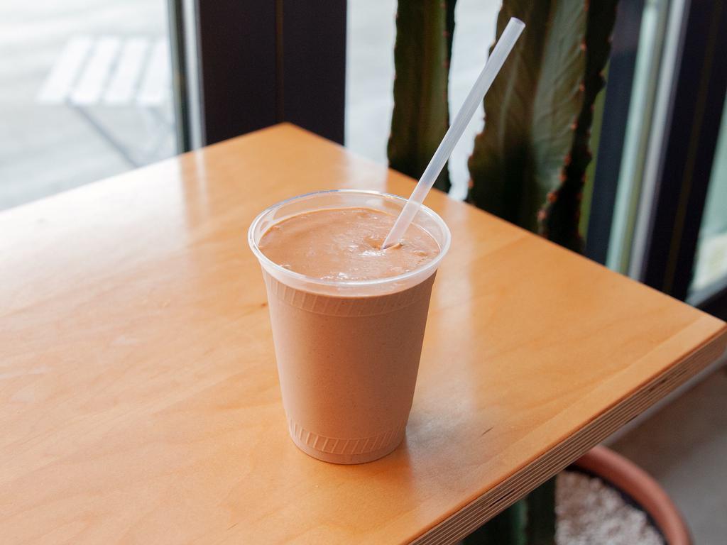 Meal in a Cup · Peanut butter, chocolate maca protein, coconut oil, banana, blue or green algae, flax meal, coconut water and ice.