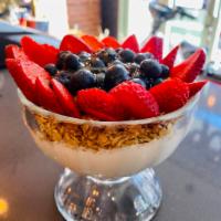 Yogurt Parfait 16oz · Greek yogurt, honey-granola, strawberries, blueberries & honey.