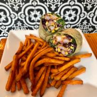 Chipotle Chicken Wrap · grilled chicken, corn, baby spinach, purple cabbage, cherry tomatoes, pico de gallo, chipotl...