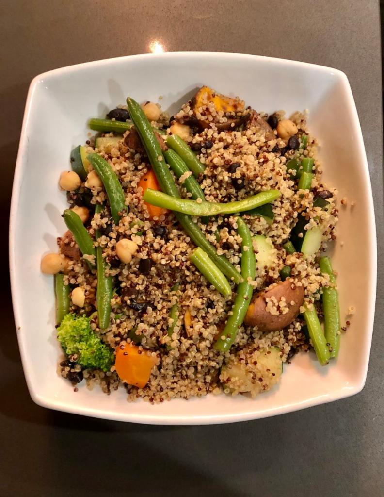 Vegan Bowl · organic quinoa, sautéed mix vegetables, black beans, chick peas, roasted sweet potato