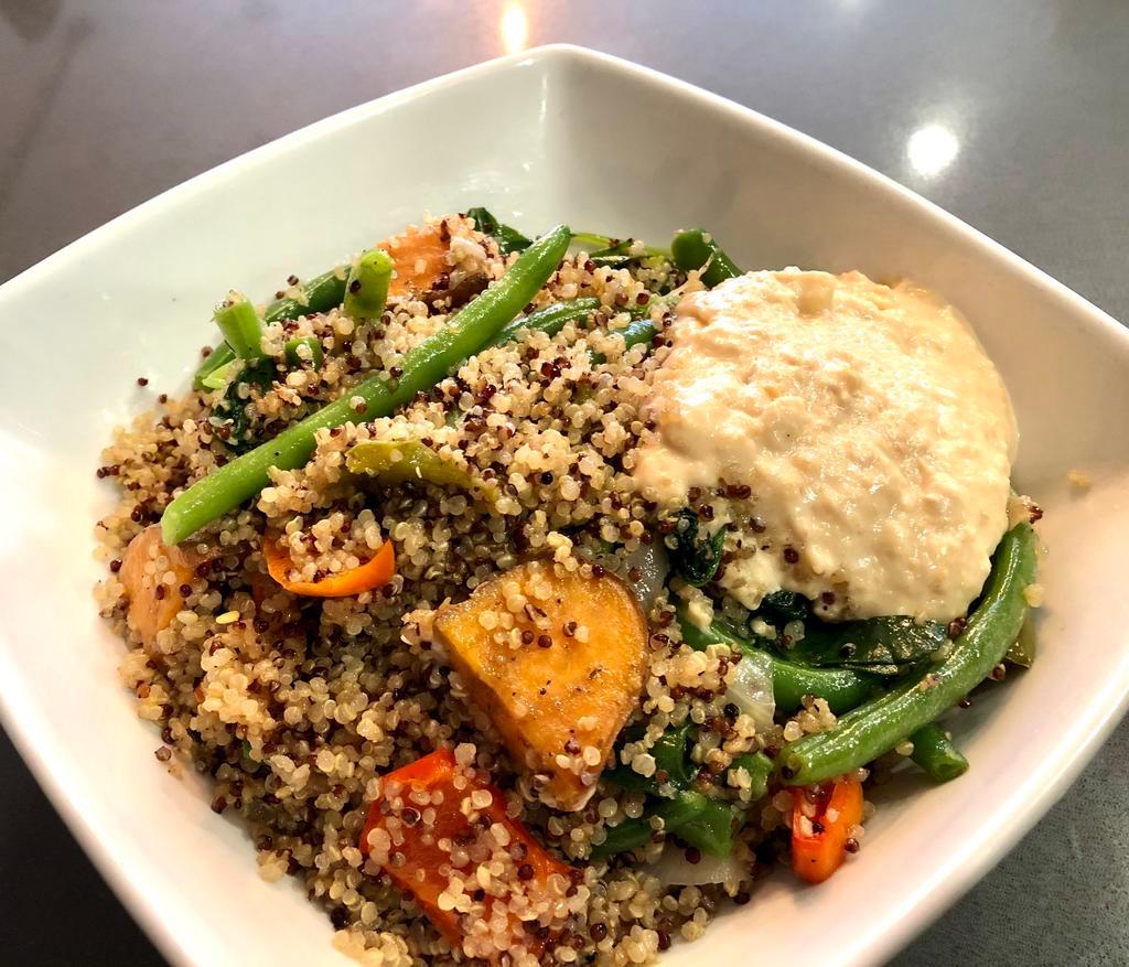 Super Vegan Quinoa Bowl · sautéed kale, peppers, onions, string beans and roasted sweet potato over organic quinoa and scoop of hummus