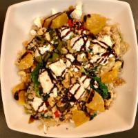 Kalemelized Bowl · baby kale, caramelized onions, golden beets, roasted peppers, crushed walnuts, goat cheese, ...