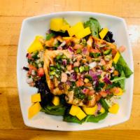 Tropical Salmon Bowl · brown rice, grilled salmon, fresh mango, pico de gallo, baby kale and red cabbage