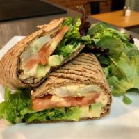 Vegetarian Pita Sandwich · Homemade hummus, avocado, leaf of romaine lettuce, tomato, cucumber on whole wheat pita