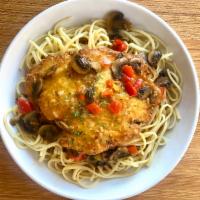 Chicken Marsala over Linguini · sautéed chicken breast with mushrooms in a marsala wine sauce