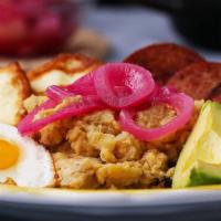 Mashed Green Plantains · Served with egg, cheese, and salami. Mangu con huevo, queso y salami.