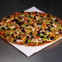 Veggie Pizza · Premium mozzarella cheese, mushrooms, onions, green peppers, black olives, and tomatoes.