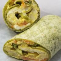 Veggie Breakfast Wrap · Three Eggs, Onions, Peppers, Tomatoes & Mushrooms On A Spinach Wrap.