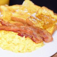 French Toast Combo · 3 French toast, 2 eggs any style, bacon or a sausage.