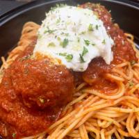 Spaghetti Alla Mamma · Tomato sauce, wholesome ricotta and 2 meatballs. Served with homemade bread.