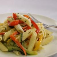 Penne Primavera · Diced tomatoes, sliced zucchini, fresh mushrooms and onions sauteed in a garlic wine butter ...