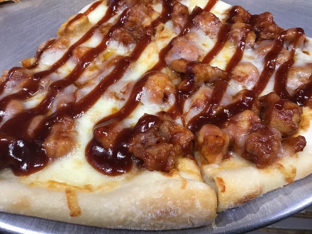 BBQ Chicken Pizza · Tangy BBQ sauce, breaded and fried chicken and mozzarella.