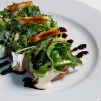 Beet and Goat Cheese Salad · Fresh whipped goat cheese, marinated red & golden beets, arugula, green apple, balsamic vina...