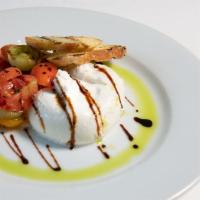 Buratta Salad · Marinated heirloom cherry tomato, balsamic crema, basil oil, toast