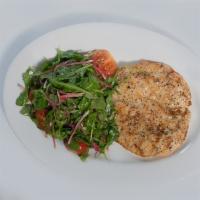 Chicken Paillard · Local chicken breast, arugula-tomato-pickeld shallot salad