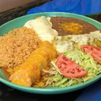 Enchilada Trio · Classic red, verde, and white sauce enchiladas served with rice, beans, lettuce and tomatoes.