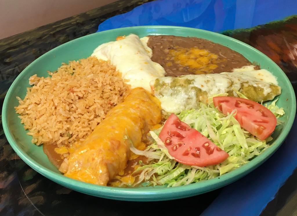 Enchilada Trio · Classic red, verde, and white sauce enchiladas served with rice, beans, lettuce and tomatoes.