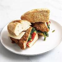 Chicken Rapini Sandwich · Fried chicken cutlet, spicy Abbruzze cheese spread, sharp provolone, broccoli rabe, roasted ...