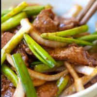 165. Beef with Scallion · Served with white or brown rice. Hot and spicy.