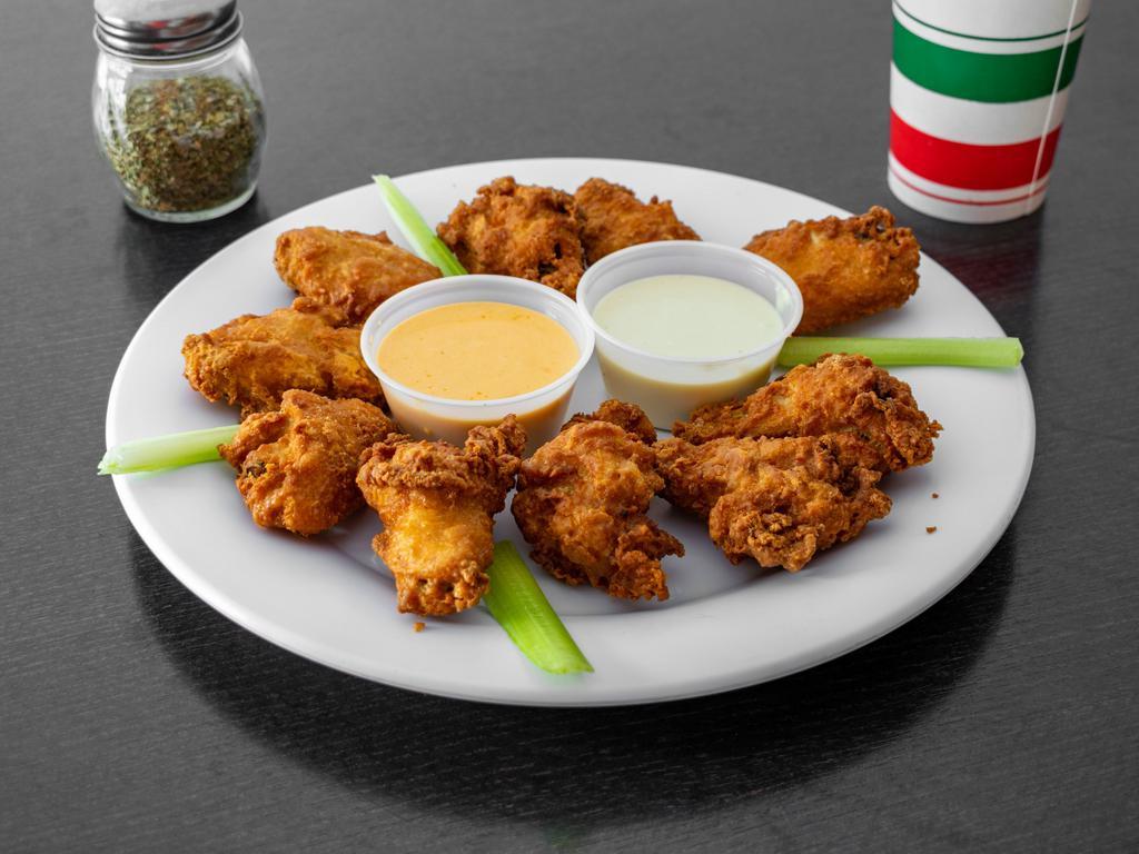 Buffalo Wings · Mild or hot includes blue cheese dressings on side.