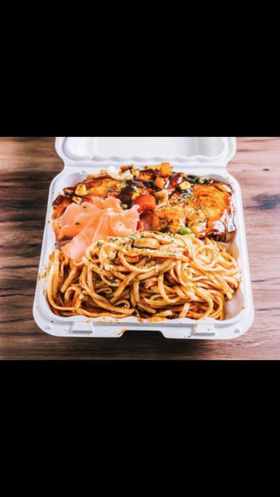 Grilled Salmon Penne with Red Sauce · Grilled salmon on top of spaghetti in red sauce, onion, green peppers, green beans, and corn.
