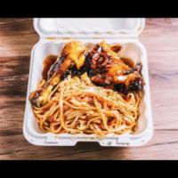 BBQ Chicken Penne with Red Sauce · BBQ chicken on top of spaghetti in red sauce.