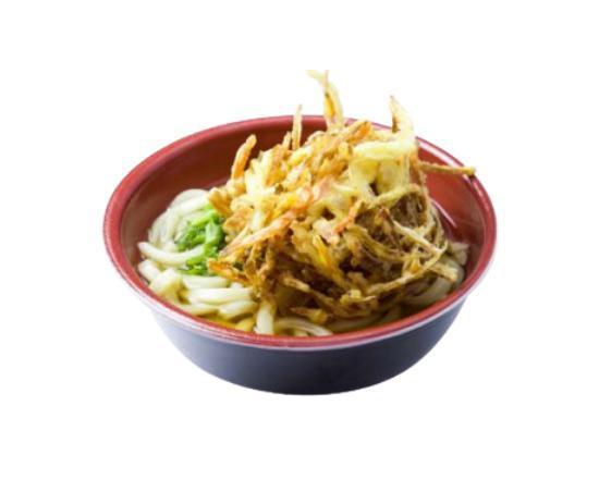 Kakiage · Udon or Soba noodles with broth and a deep-fried Japanese-style vegetable and shrimp fritter. Topped with scallions.