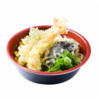 Tempura · Udon or soba noodles with broth and a mix of shrimp and vegetable tempura. Topped with scall...