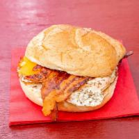 Bacon, Egg, and Cheese · Pork or turkey bacon, eggs your style, American cheese, and oregano, toasted on a roll.