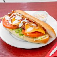 Phat Pollo and Bacon Sub · Fried chicken cutlet, turkey, or pork bacon, shredded lettuce, tomato, American cheese, and ...