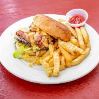 Pastrami Burger Combo · Quarter pound patty, Swiss cheese, lettuce, and onions topped with sliced crispy pastrami an...