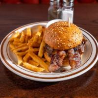 The Clonard Burger · 8 oz. grass fed beef, thick sliced bacon, cheddar and sauteed onions.