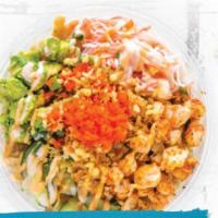 Hula Bowl · Shrimp, green onion, cucumber, crab stick, avocado, masago, og sauce, sriracha aioli, and co...