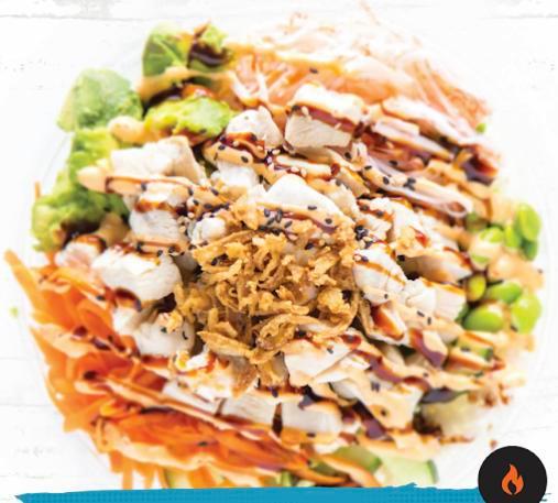 The Shaka Bowl · A top-rated menu item. Chicken, edamame, carrots, avocado, green onion, cucumber, crab stick, OG sauce, and sweet soy sriracha aioli.
