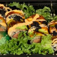 Black Dragon Roll · Spicy crunchy tuna, top with eel, avocado, spicy mayo, eel sauce and black tobiko.