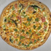 Shrimp Alfredo Pizza · Sauteed shrimp, spinach and diced tomatoes in Old Bay spiced Alfredo sauce and topped with c...