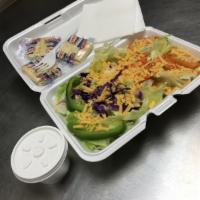 Garden Salad · Lettuce, tomatoes, carrots, green bell peppers, red cabbage, pepperoncini and cheddar cheese.