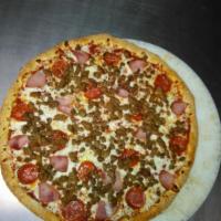 Meat Lovers Pizza · Fresh provolone cheese, pepperoni, mild sausage, hamburger, Canadian bacon and spicy Italian...